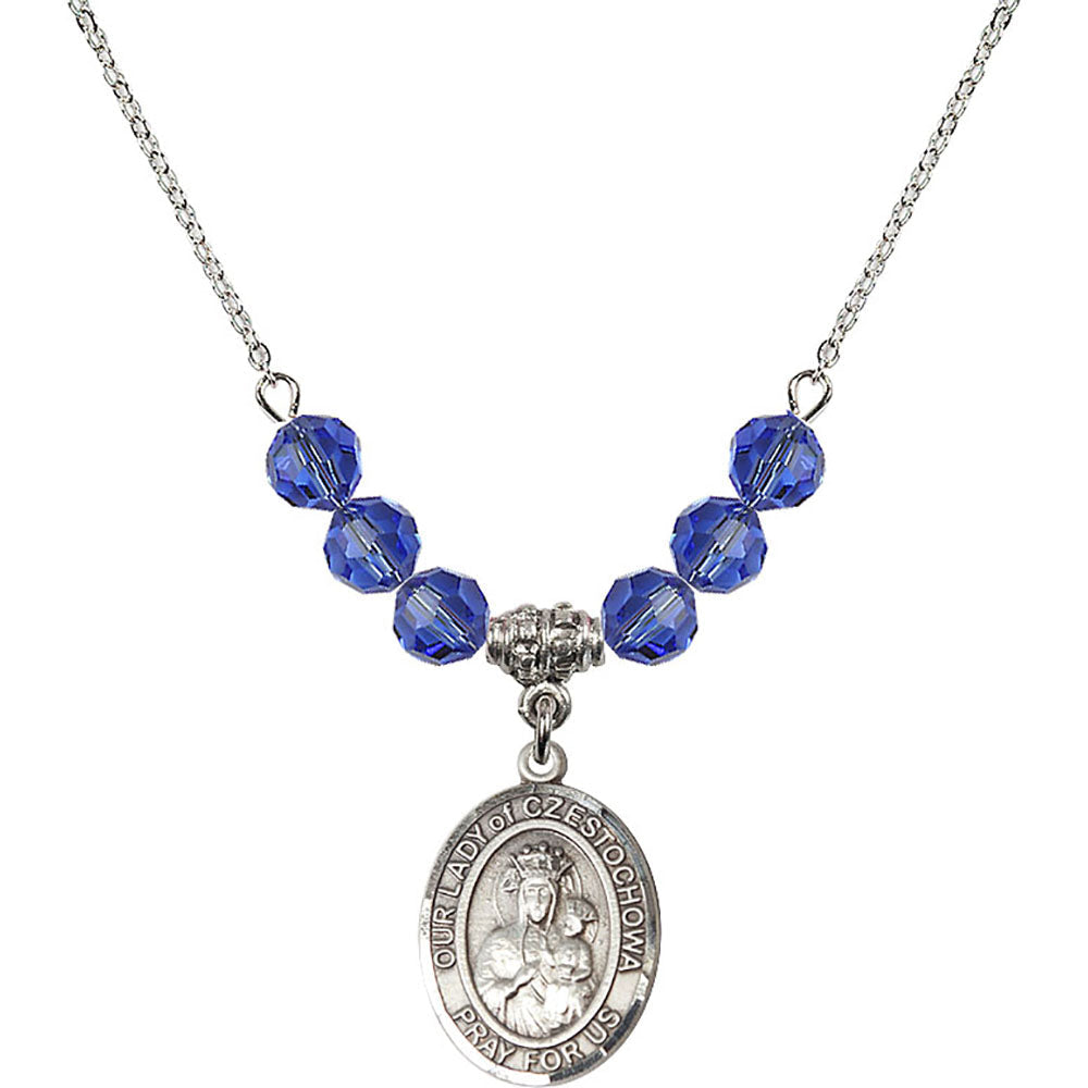 Sterling Silver Our Lady of Czestochowa Birthstone Necklace with Sapphire Beads - 8421