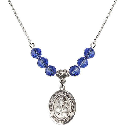 Sterling Silver Our Lady of Czestochowa Birthstone Necklace with Sapphire Beads - 8421