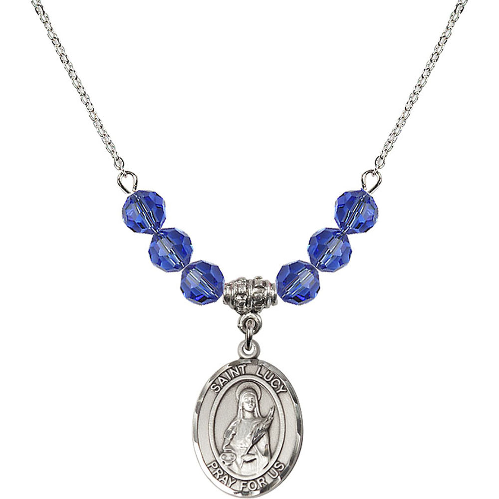 Sterling Silver Saint Lucy Birthstone Necklace with Sapphire Beads - 8422