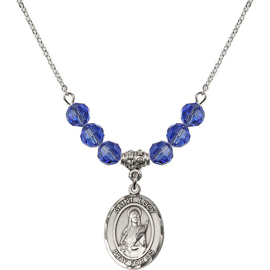 Sterling Silver Saint Lucy Birthstone Necklace with Sapphire Beads - 8422