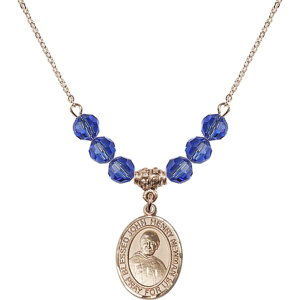 14kt Gold Filled Blessed John Henry Newman Birthstone Necklace with Sapphire Beads - 8423