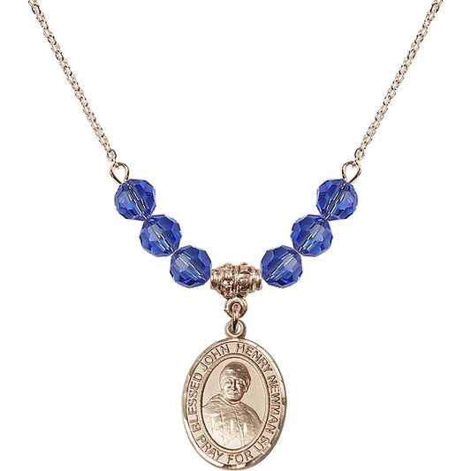 14kt Gold Filled Blessed John Henry Newman Birthstone Necklace with Sapphire Beads - 8423