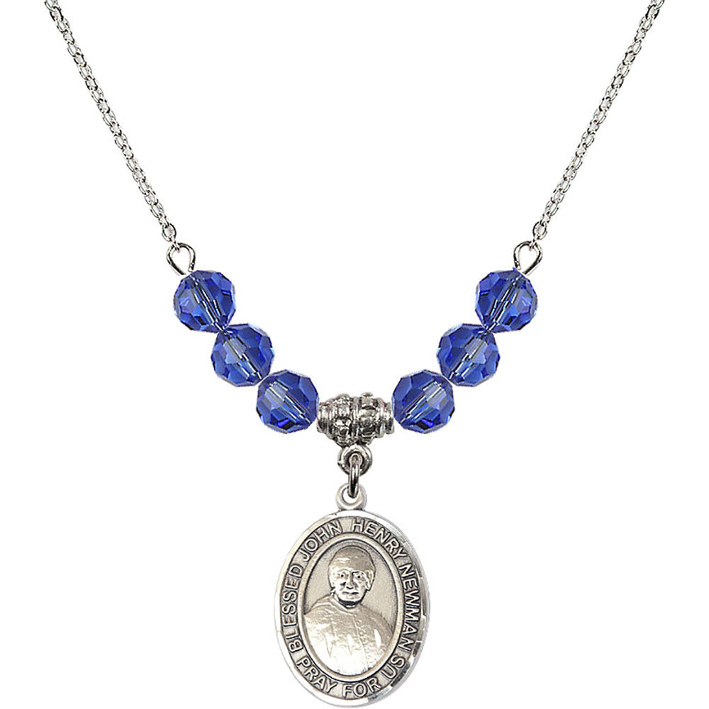 Sterling Silver Blessed John Henry Newman Birthstone Necklace with Sapphire Beads - 8423