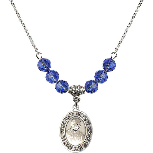 Sterling Silver Blessed John Henry Newman Birthstone Necklace with Sapphire Beads - 8423