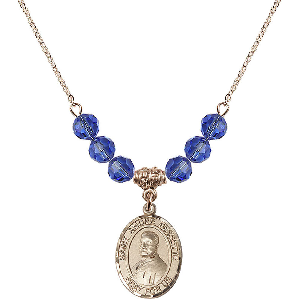 14kt Gold Filled Saint Andre Bessette Birthstone Necklace with Sapphire Beads - 8424