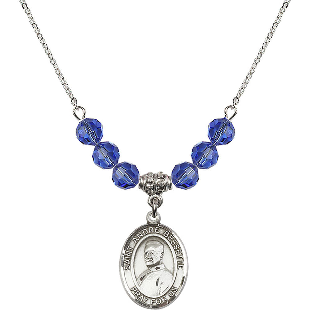 Sterling Silver Saint Andre Bessette Birthstone Necklace with Sapphire Beads - 8424