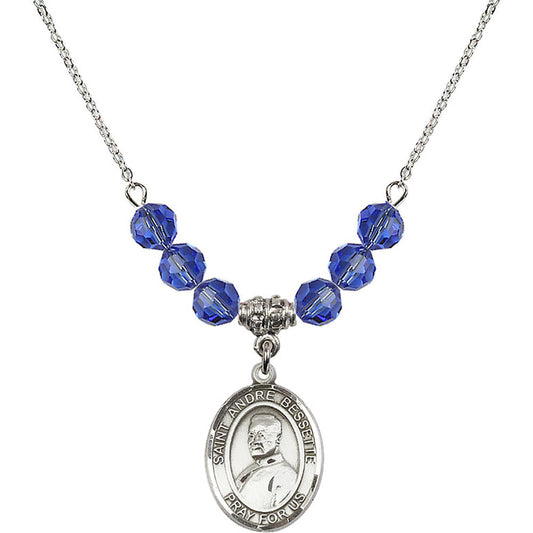 Sterling Silver Saint Andre Bessette Birthstone Necklace with Sapphire Beads - 8424