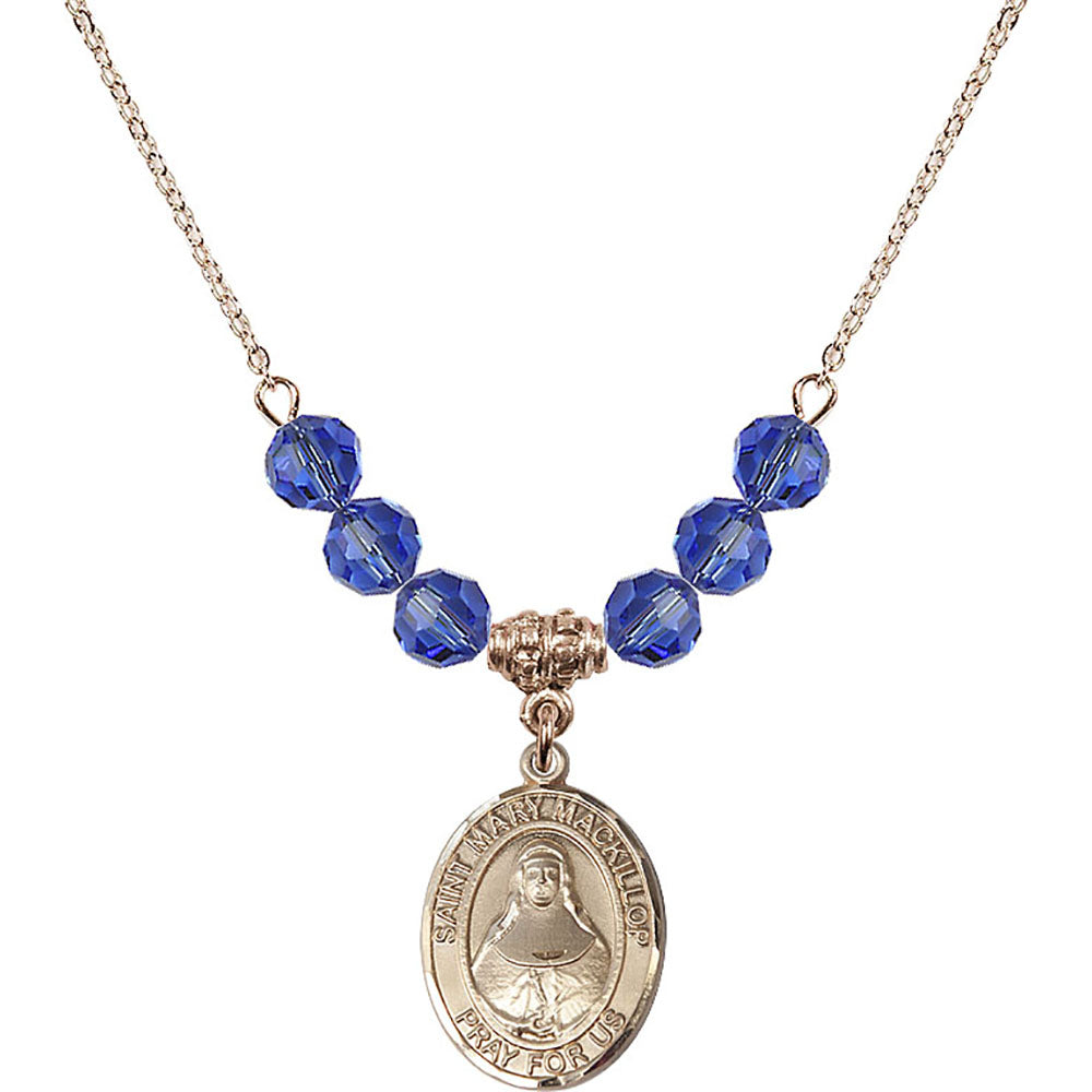 14kt Gold Filled Saint Mary Mackillop Birthstone Necklace with Sapphire Beads - 8425