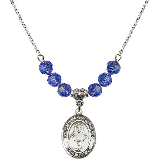 Sterling Silver Saint Mary Mackillop Birthstone Necklace with Sapphire Beads - 8425