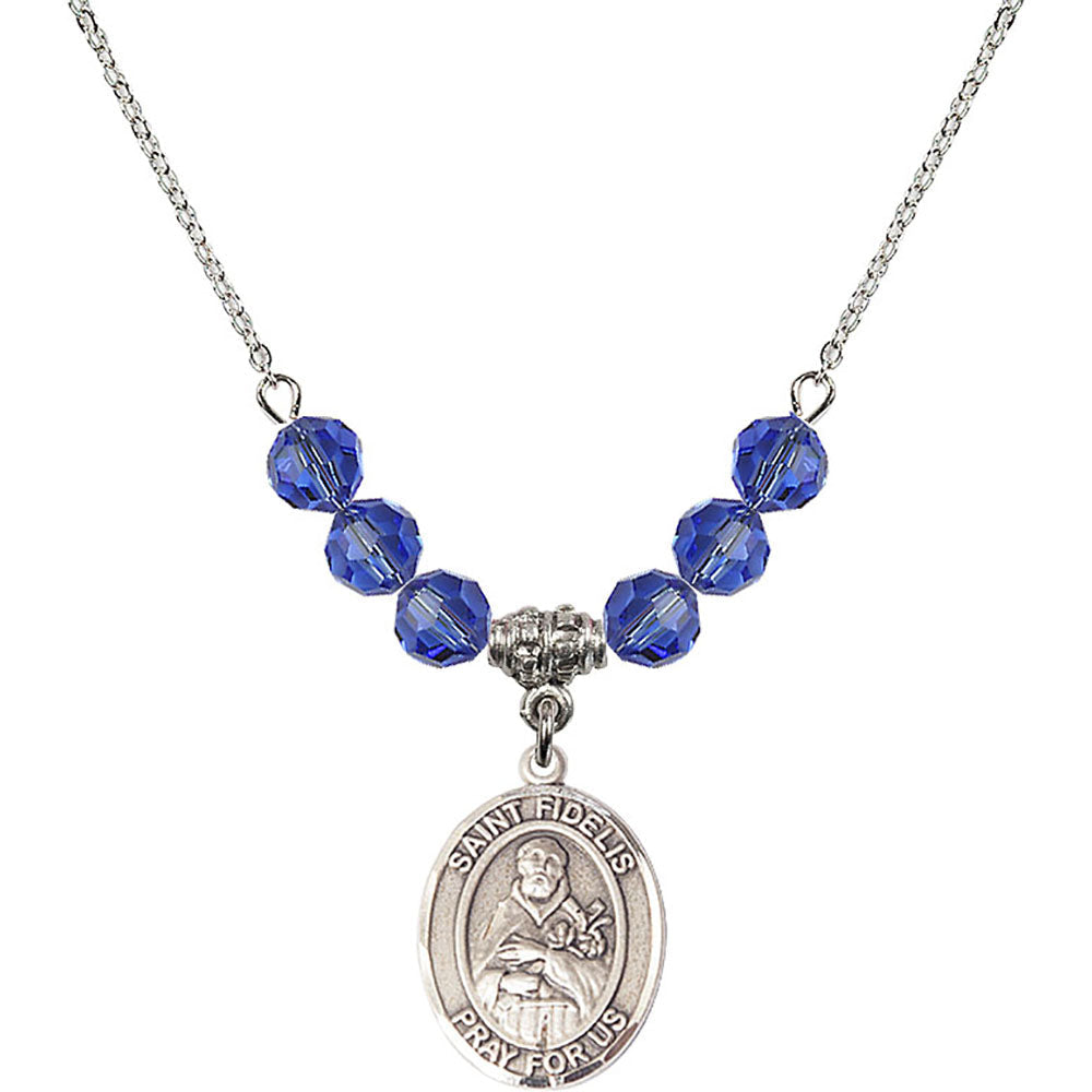Sterling Silver Saint Fidelis Birthstone Necklace with Sapphire Beads - 8426