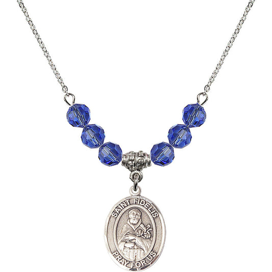 Sterling Silver Saint Fidelis Birthstone Necklace with Sapphire Beads - 8426