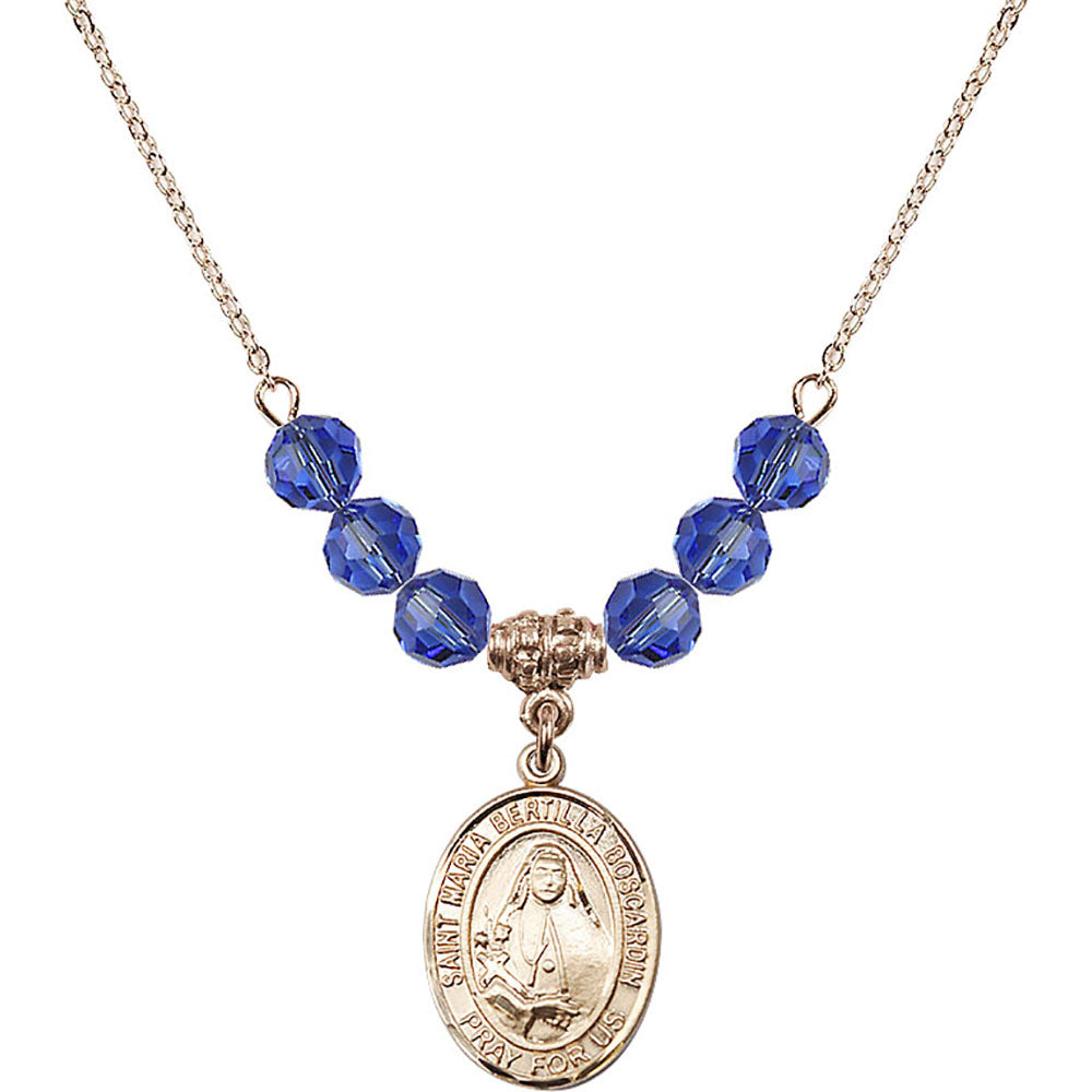 14kt Gold Filled Saint Maria Bertilla Boscardin Birthstone Necklace with Sapphire Beads - 8428