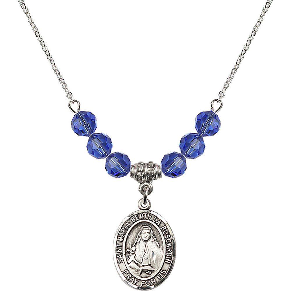 Sterling Silver Saint Maria Bertilla Boscardin Birthstone Necklace with Sapphire Beads - 8428