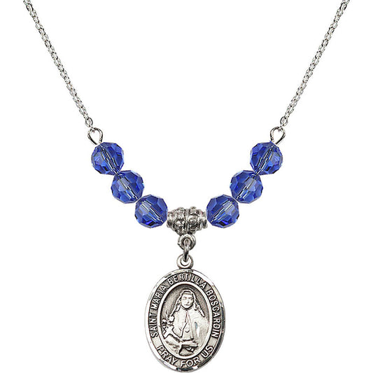 Sterling Silver Saint Maria Bertilla Boscardin Birthstone Necklace with Sapphire Beads - 8428