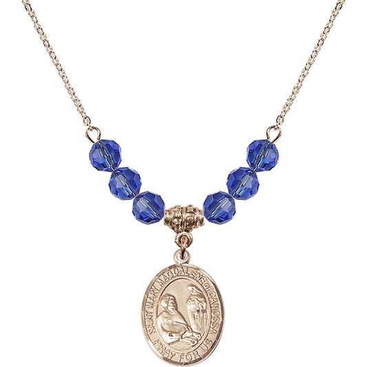 14kt Gold Filled Saint Mary Magdalene of Canossa Birthstone Necklace with Sapphire Beads - 8429