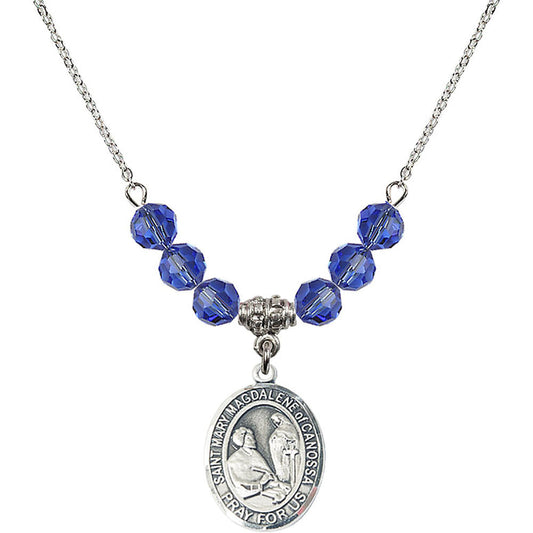 Sterling Silver Saint Mary Magdalene of Canossa Birthstone Necklace with Sapphire Beads - 8429