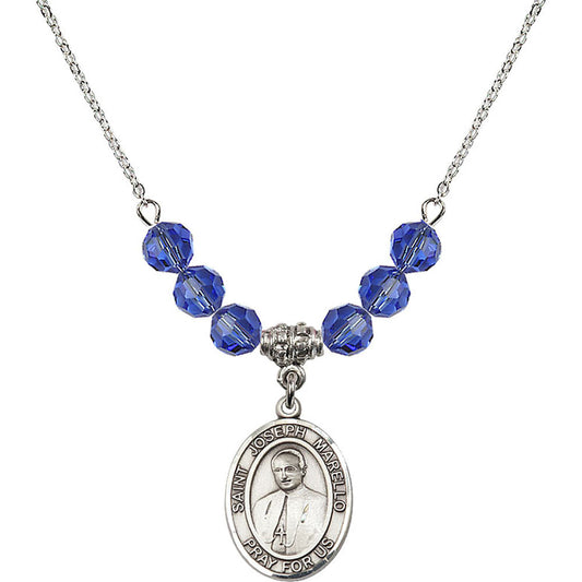 Sterling Silver Saint Joseph Marello Birthstone Necklace with Sapphire Beads - 8430