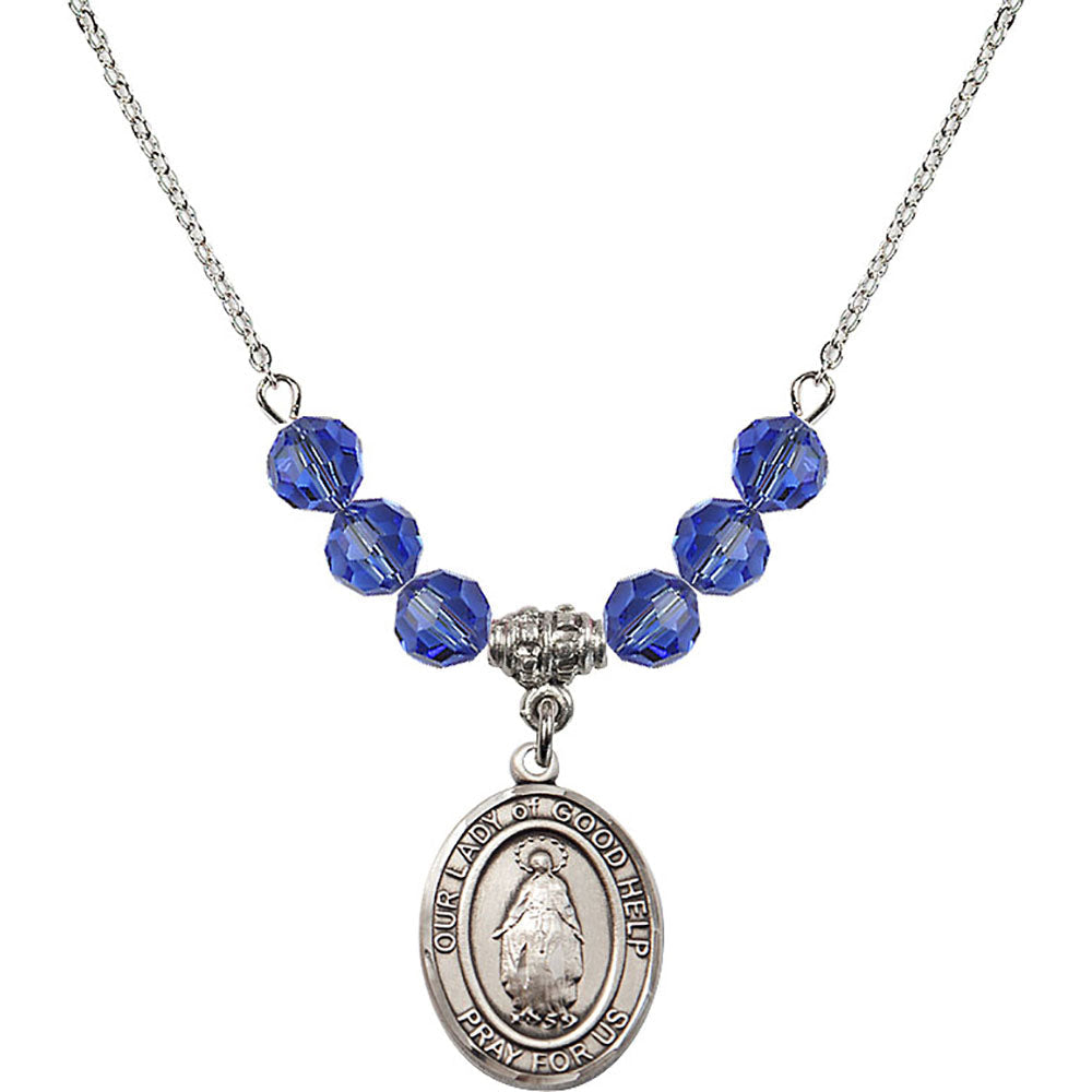 Sterling Silver Our Lady Of Good Help Birthstone Necklace with Sapphire Beads - 8431