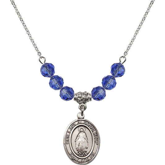 Sterling Silver Our Lady Of Good Help Birthstone Necklace with Sapphire Beads - 8431