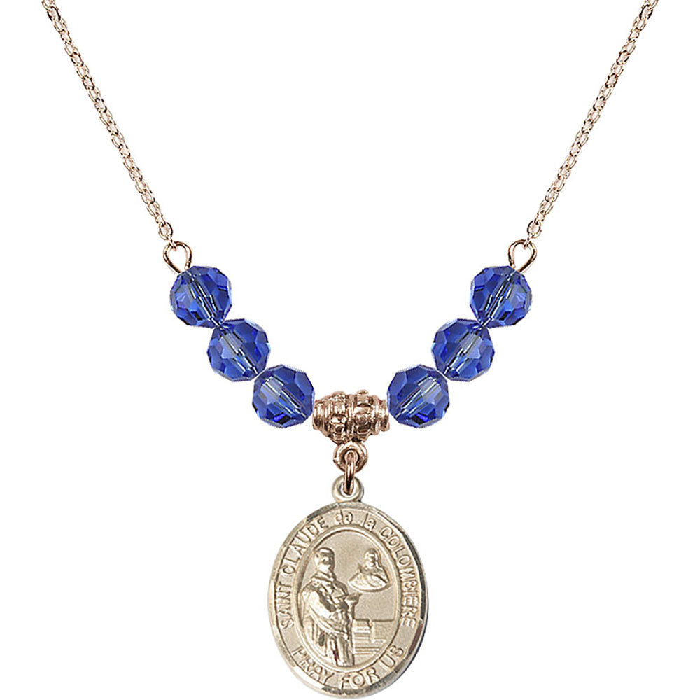 14kt Gold Filled Saint Claude de la Colombiere Birthstone Necklace with Sapphire Beads - 8432
