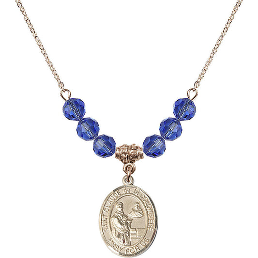 14kt Gold Filled Saint Claude de la Colombiere Birthstone Necklace with Sapphire Beads - 8432