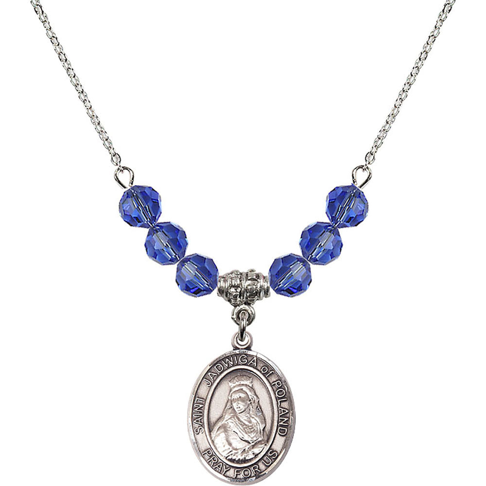 Sterling Silver Saint Jadwiga of Poland Birthstone Necklace with Sapphire Beads - 8434