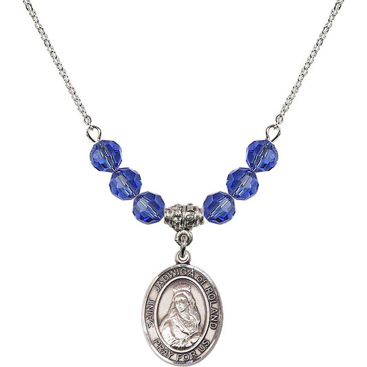 Sterling Silver Saint Jadwiga of Poland Birthstone Necklace with Sapphire Beads - 8434