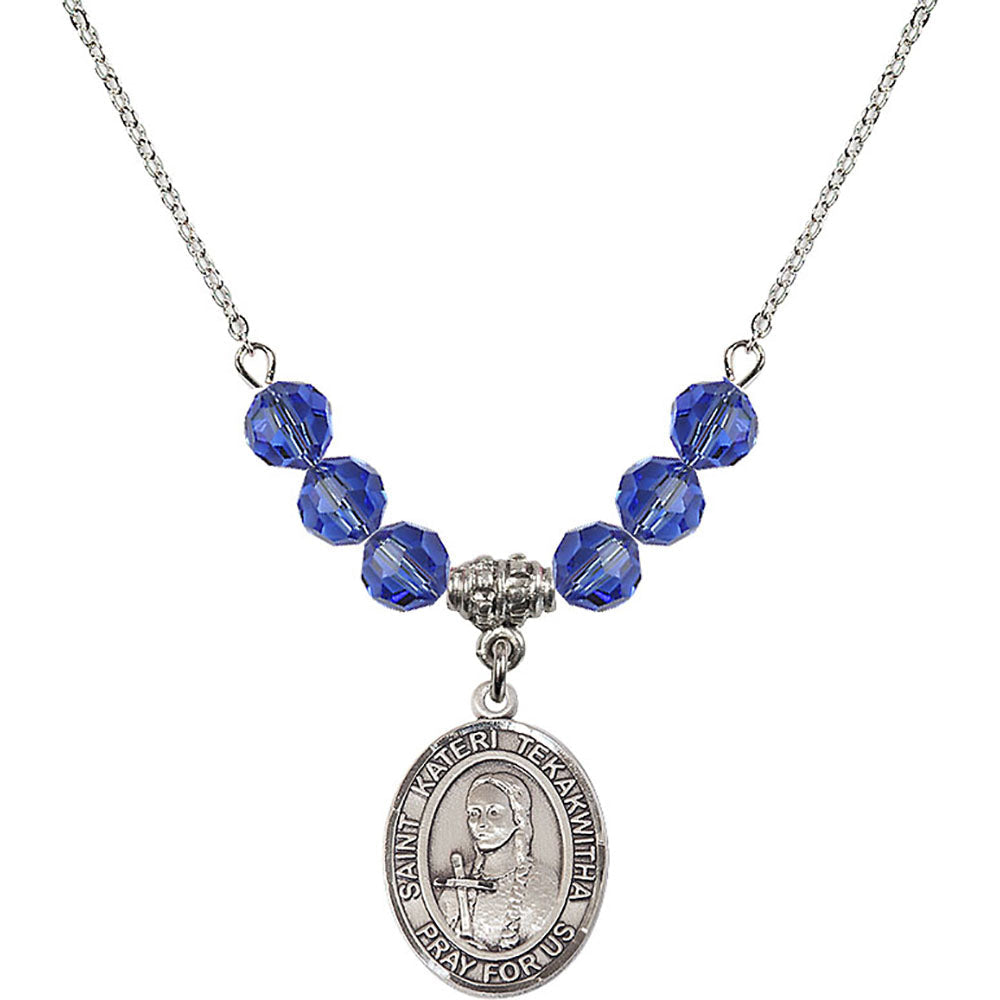 Sterling Silver Saint Kateri Tekakwitha Birthstone Necklace with Sapphire Beads - 8438