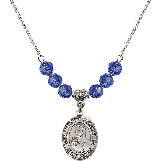 Sterling Silver Saint Kateri Tekakwitha Birthstone Necklace with Sapphire Beads - 8438