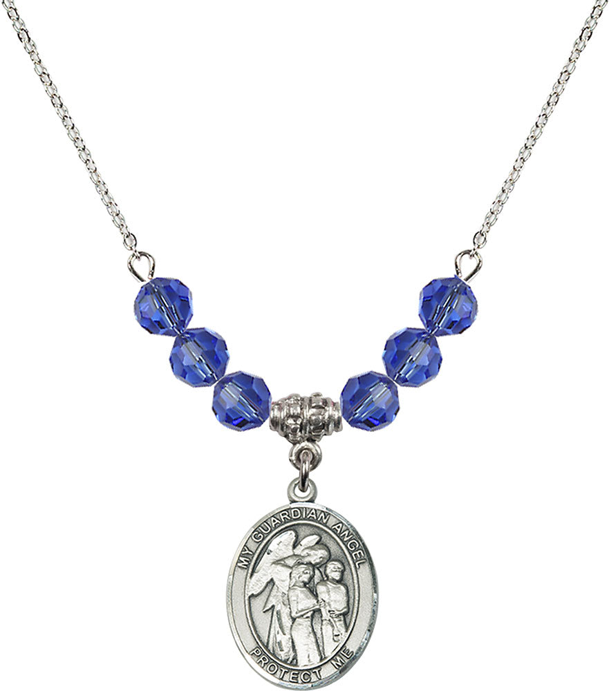 Sterling Silver Guardian Angel w/Children Birthstone Necklace with Sapphire Beads - 8439