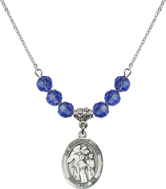 Sterling Silver Guardian Angel w/Children Birthstone Necklace with Sapphire Beads - 8439