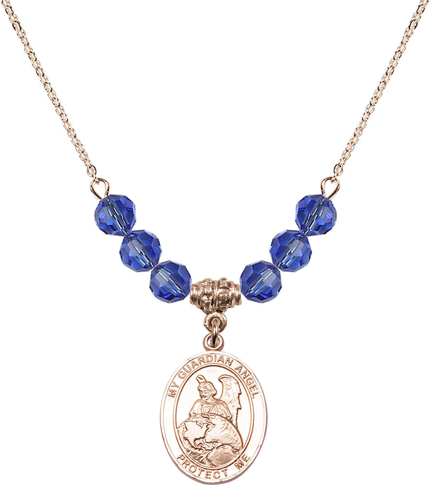 14kt Gold Filled Guardian Angel Protector Birthstone Necklace with Sapphire Beads - 8440