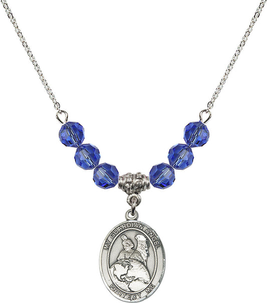 Sterling Silver Guardian Angel Protector Birthstone Necklace with Sapphire Beads - 8440