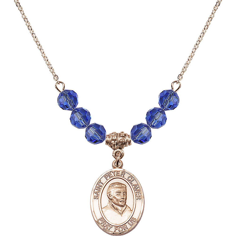 14kt Gold Filled Saint Peter Claver Birthstone Necklace with Sapphire Beads - 8442