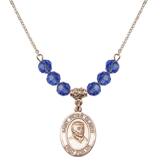 14kt Gold Filled Saint Peter Claver Birthstone Necklace with Sapphire Beads - 8442