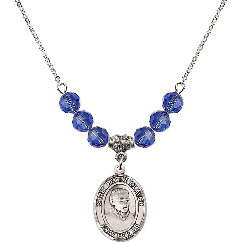Sterling Silver Saint Peter Claver Birthstone Necklace with Sapphire Beads - 8442