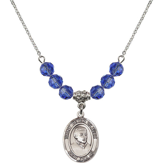 Sterling Silver Saint Peter Claver Birthstone Necklace with Sapphire Beads - 8442