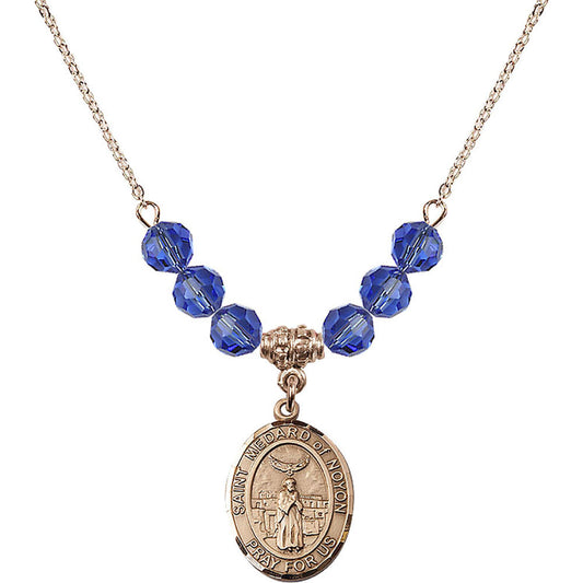 14kt Gold Filled Saint Medard of Noyon Birthstone Necklace with Sapphire Beads - 8444