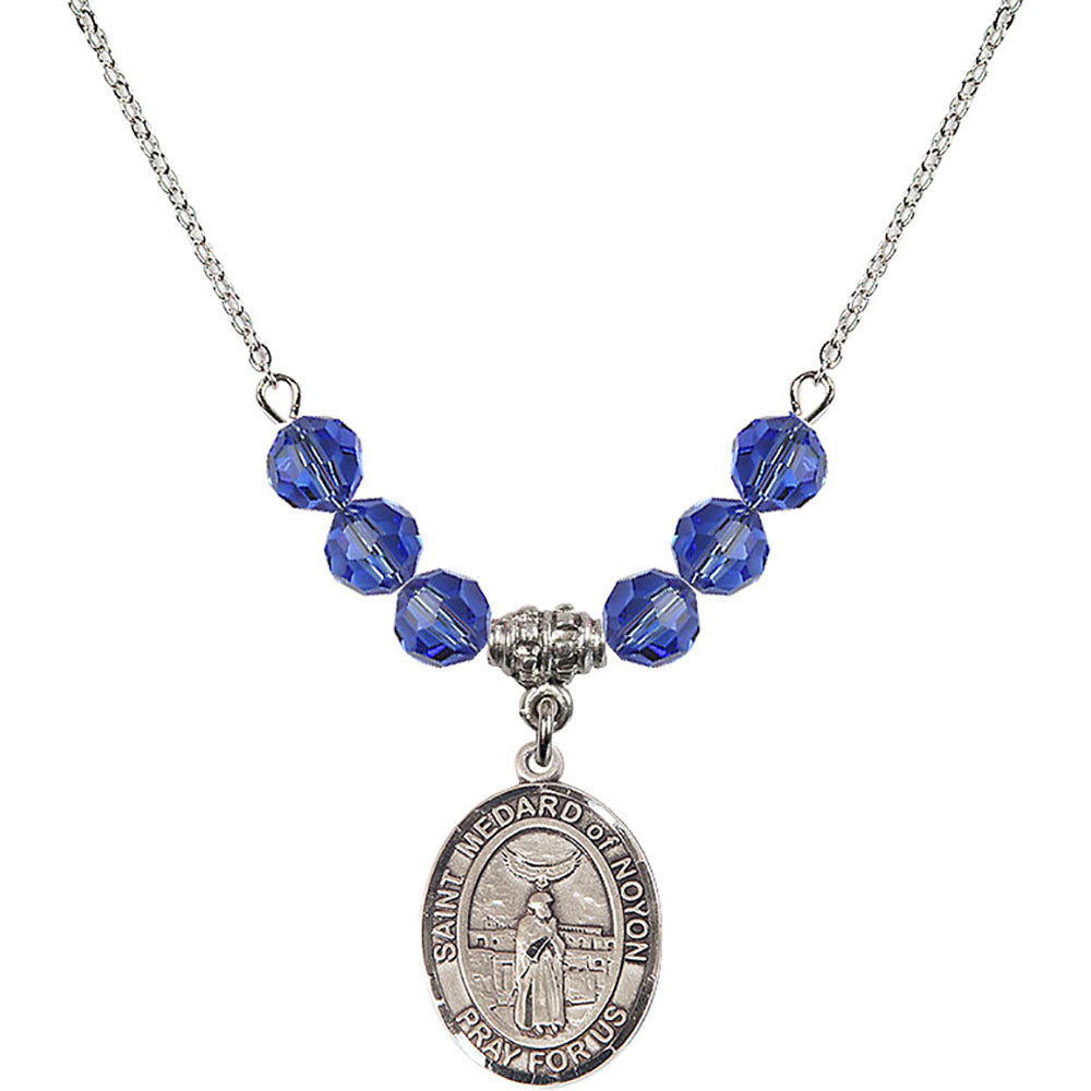 Sterling Silver Saint Medard of Noyon Birthstone Necklace with Sapphire Beads - 8444