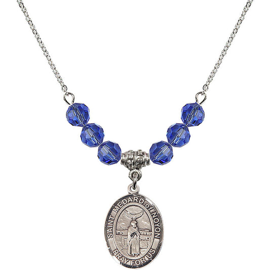 Sterling Silver Saint Medard of Noyon Birthstone Necklace with Sapphire Beads - 8444