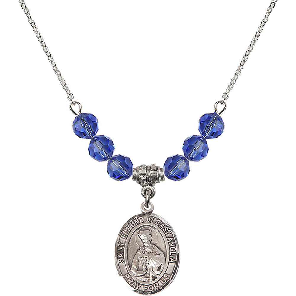Sterling Silver Saint Edmund of East Anglia Birthstone Necklace with Sapphire Beads - 8445