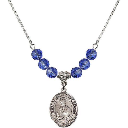 Sterling Silver Saint Edmund of East Anglia Birthstone Necklace with Sapphire Beads - 8445