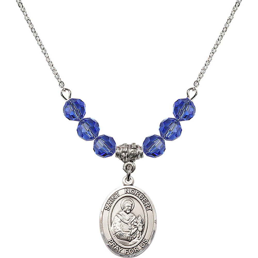 Sterling Silver Saint Norbert of Xanten Birthstone Necklace with Sapphire Beads - 8447