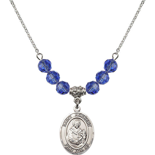 Sterling Silver Saint Norbert of Xanten Birthstone Necklace with Sapphire Beads - 8447