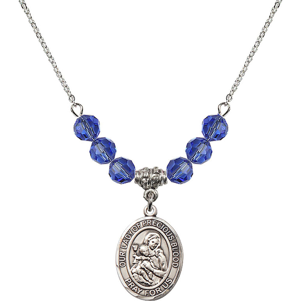 Sterling Silver Our Lady of the Precious Blood Birthstone Necklace with Sapphire Beads - 8448