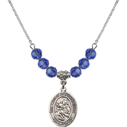 Sterling Silver Our Lady of the Precious Blood Birthstone Necklace with Sapphire Beads - 8448
