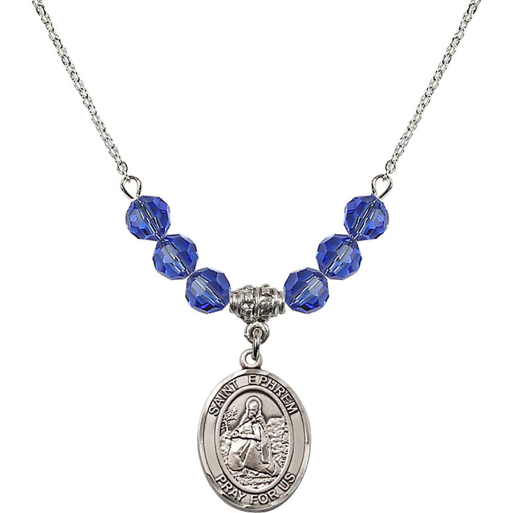Sterling Silver Saint Ephrem Birthstone Necklace with Sapphire Beads - 8449