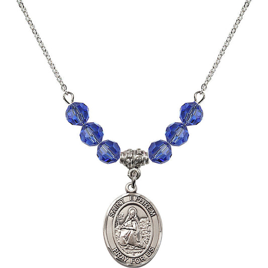 Sterling Silver Saint Ephrem Birthstone Necklace with Sapphire Beads - 8449