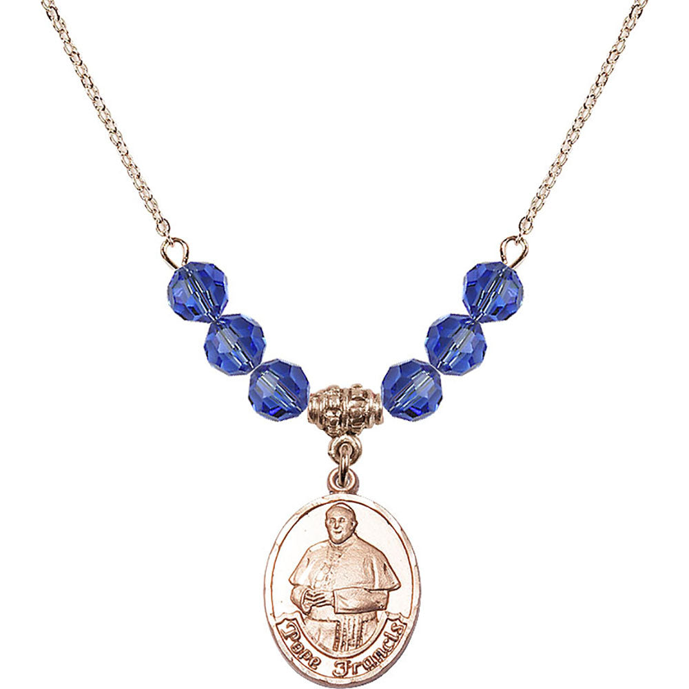 14kt Gold Filled Pope Francis Birthstone Necklace with Sapphire Beads - 8451