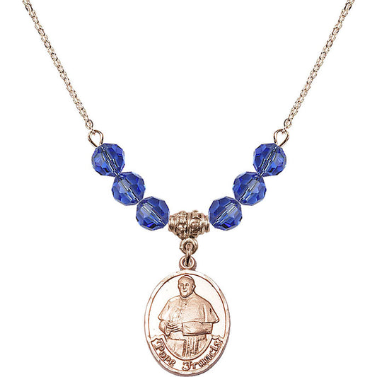 14kt Gold Filled Pope Francis Birthstone Necklace with Sapphire Beads - 8451